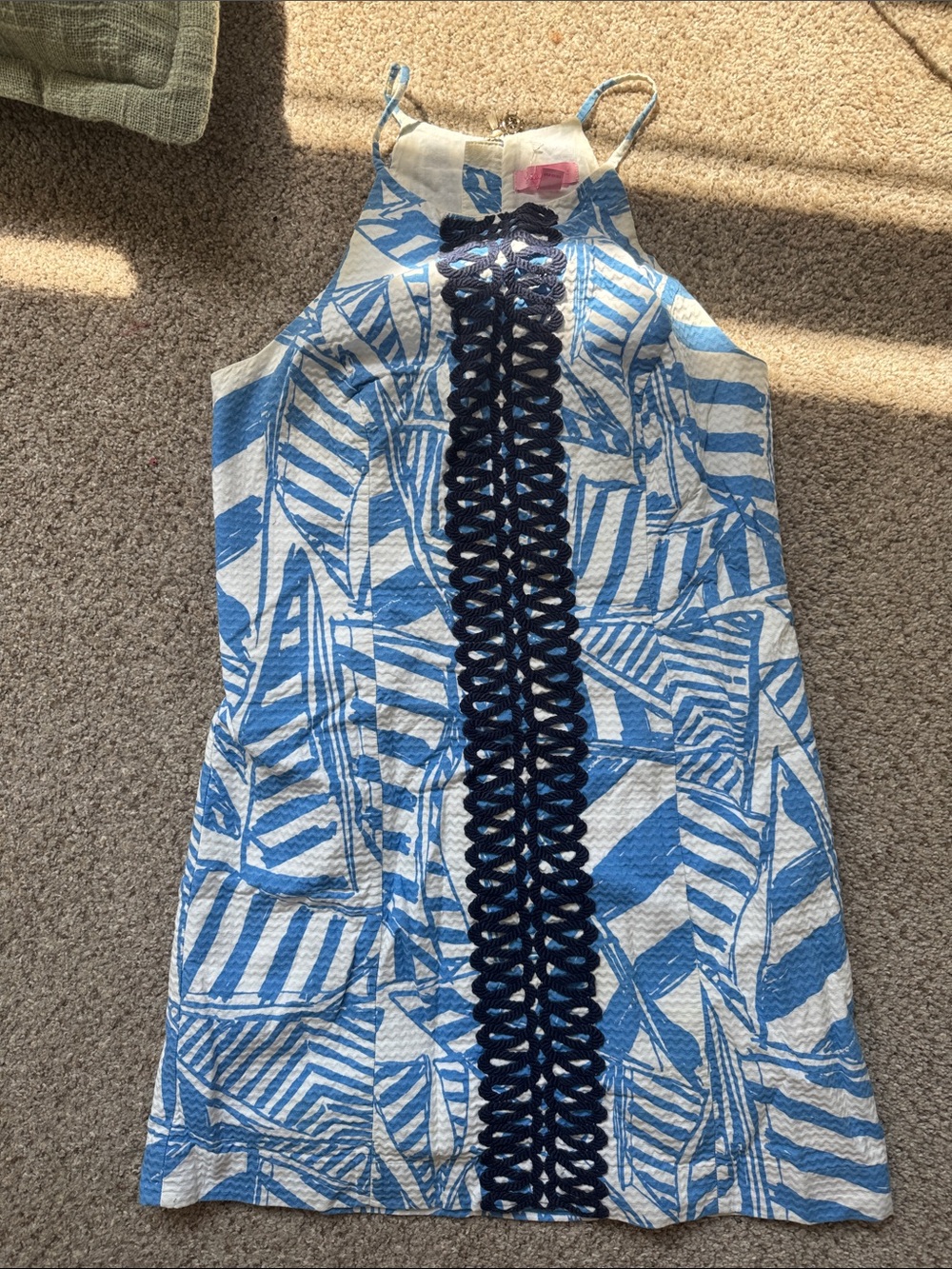 Lilly Pulitzer Blue and White Leaf-Print Halter Dress with Navy Trim